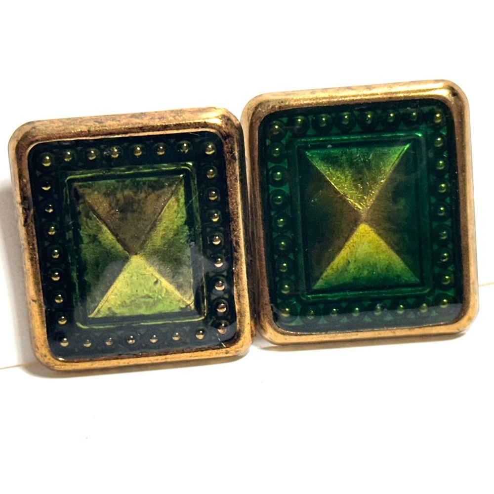 Green & Antiqued Brass Colors Rectangular Earrings Post Backs